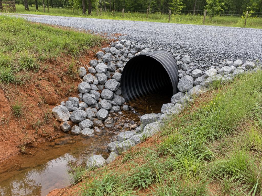 Culvert & Driveway Drainage on a gravel driveway with red clay shoulders in an Upstate South Carolina setting