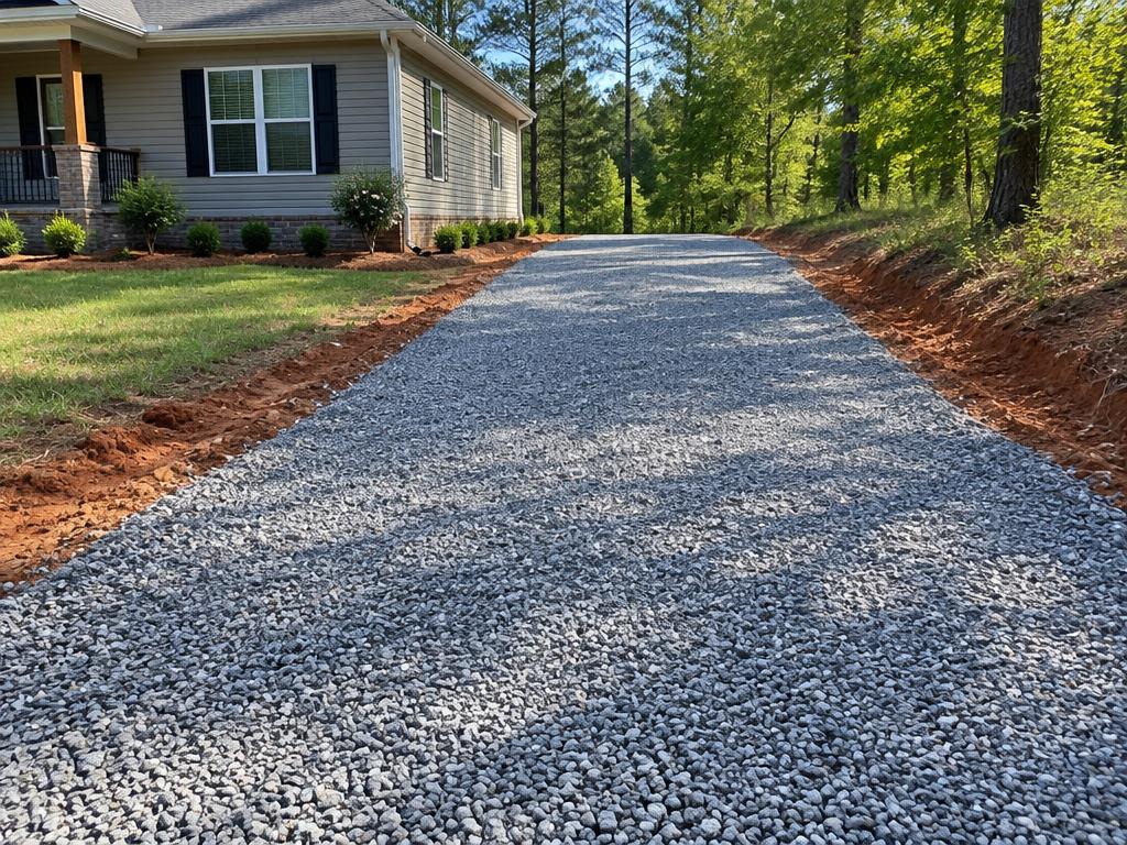 New Gravel Driveway Installation on a gravel driveway with red clay shoulders in an Upstate South Carolina setting