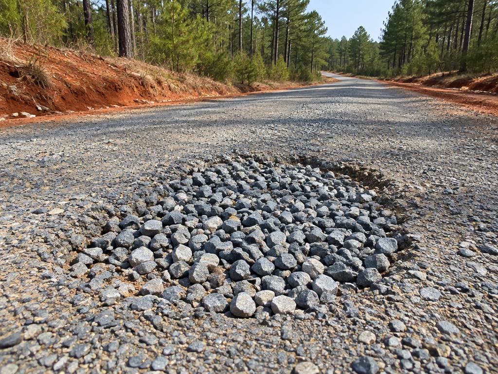 Gravel Driveway Repair & Pothole Fixing on a gravel driveway with red clay shoulders in an Upstate South Carolina setting
