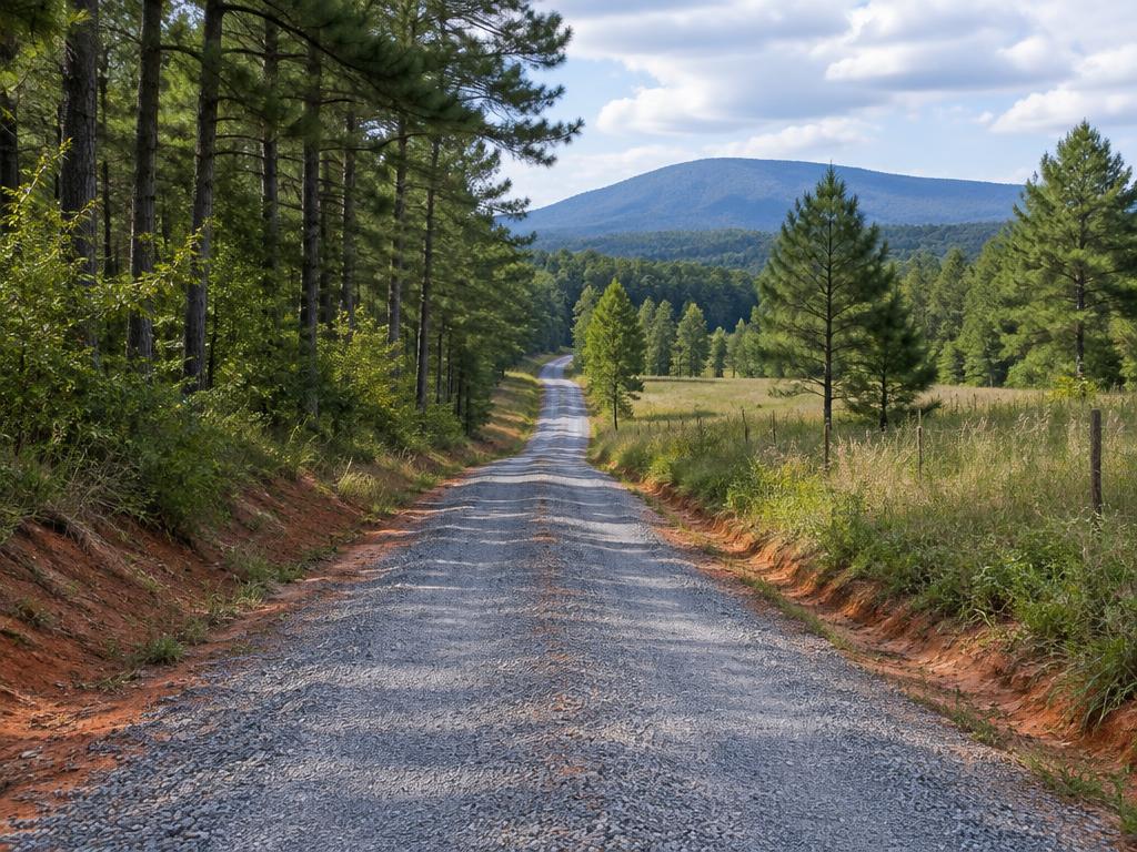 Long Rural Driveways on a gravel driveway with red clay shoulders in an Upstate South Carolina setting