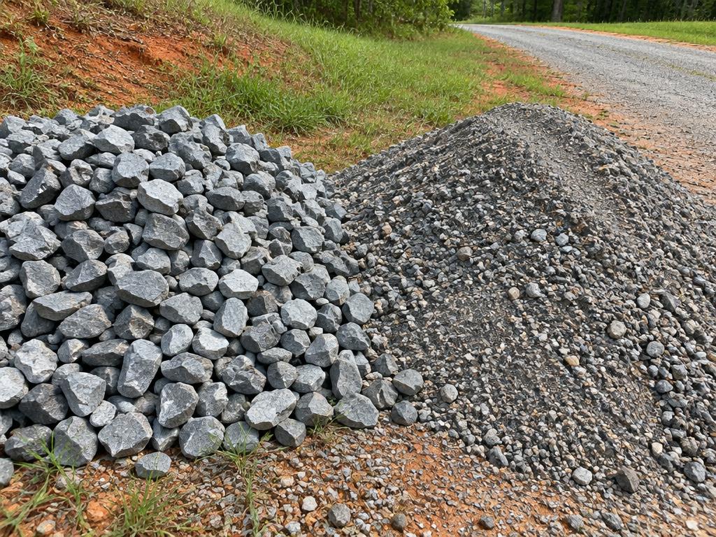 Crushed Stone & Crusher-Run Options on a gravel driveway with red clay shoulders in an Upstate South Carolina setting