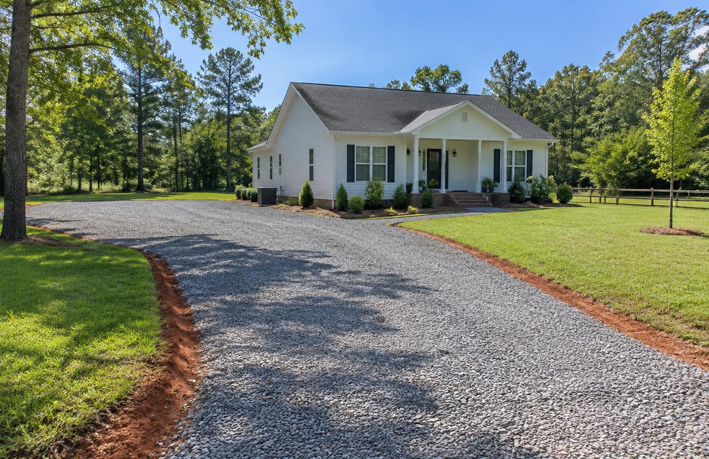 Newly dressed gray gravel driveway and parking approach beside a South Carolina home