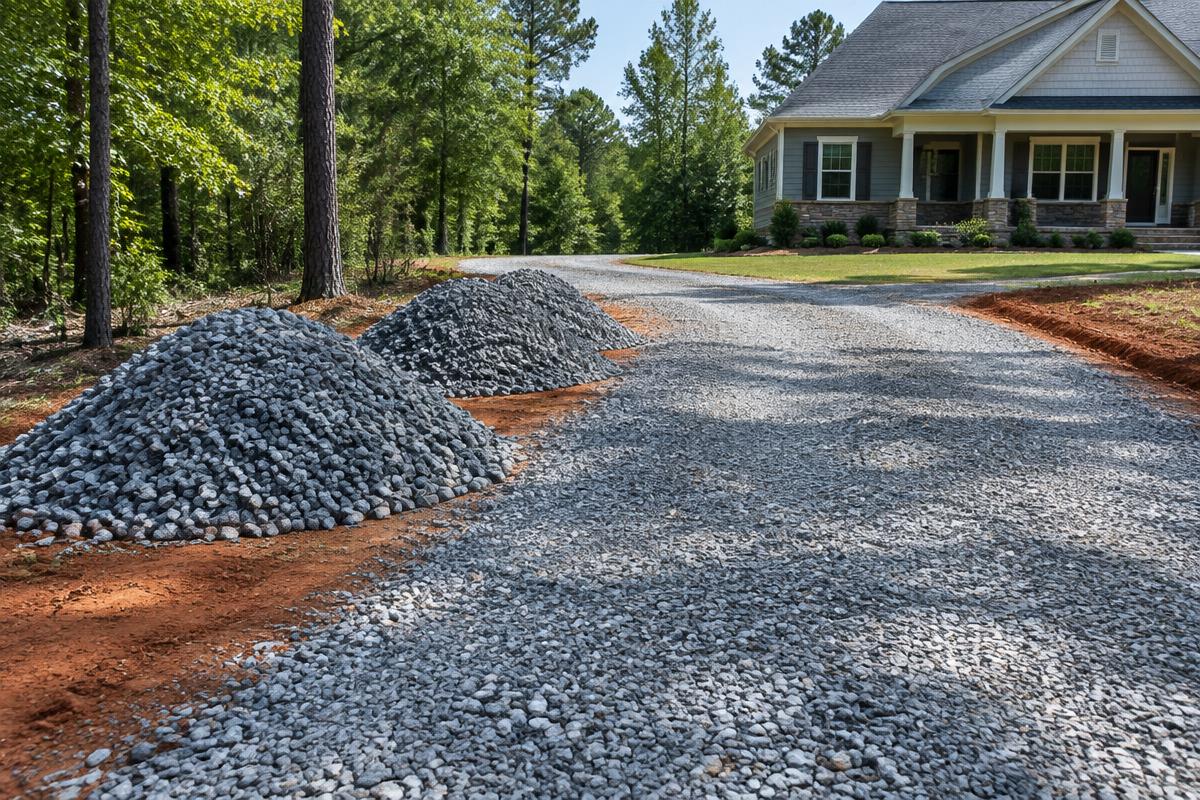 Freshly delivered aggregate piles beside a gravel residential driveway