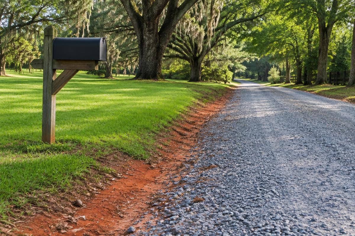 Gravel lane with a plain mailbox and red clay shoulders under oak trees
