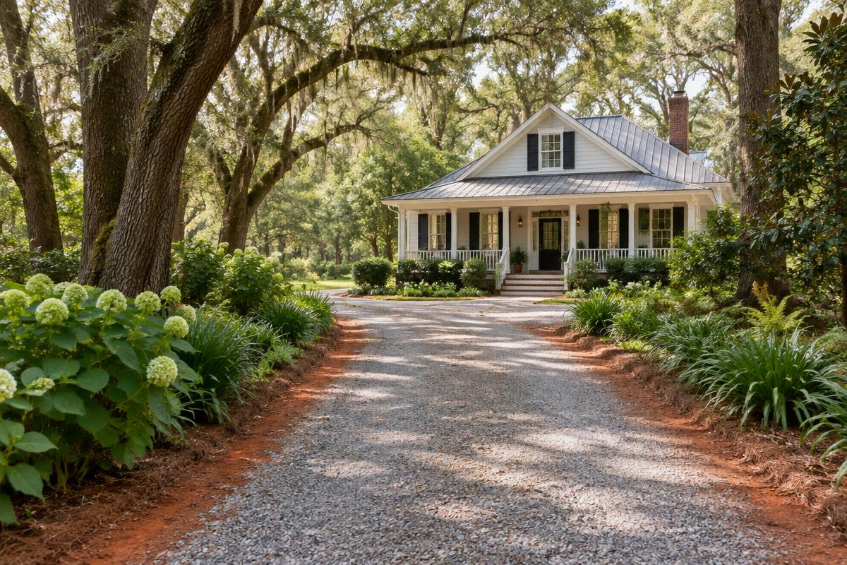 Gray gravel driveway with red clay shoulders in an Upstate South Carolina setting