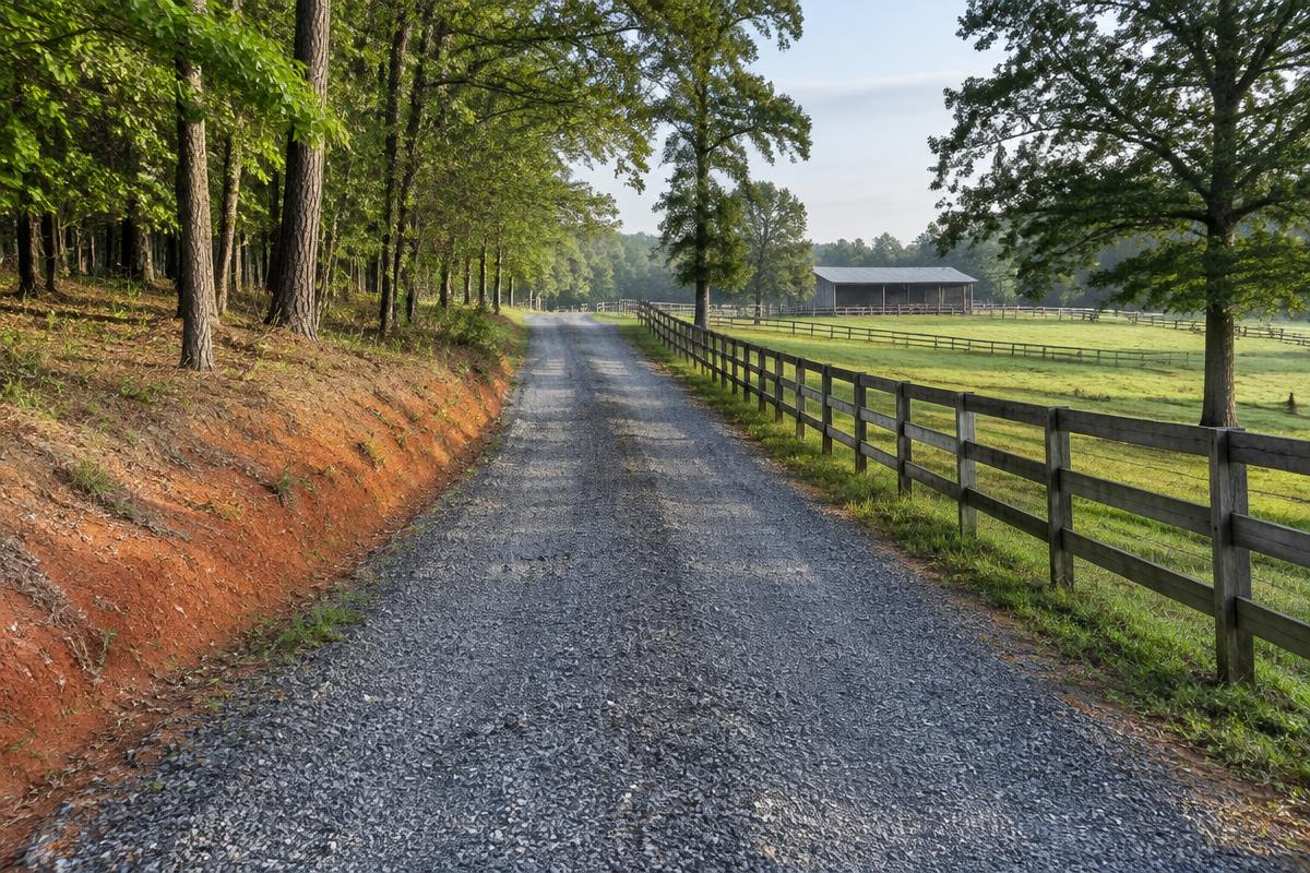 Gray gravel driveway with red clay shoulders in an Upstate South Carolina setting