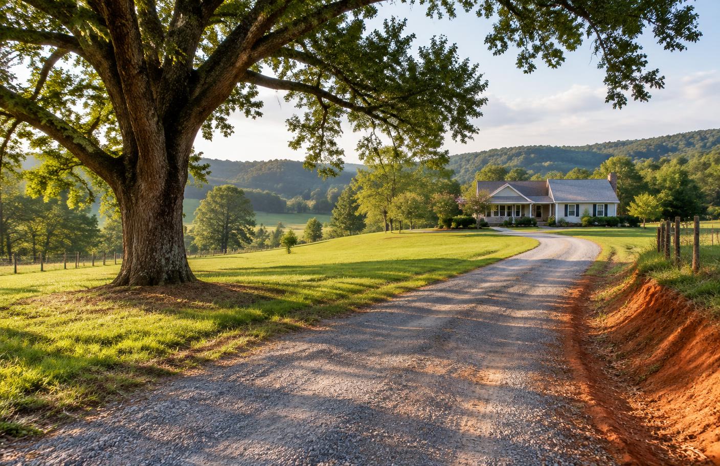 Gravel residential driveway with red clay shoulders in a Anderson, South Carolina setting