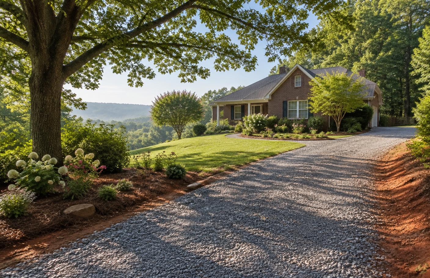Gravel residential driveway with red clay shoulders in a Greenville, South Carolina setting